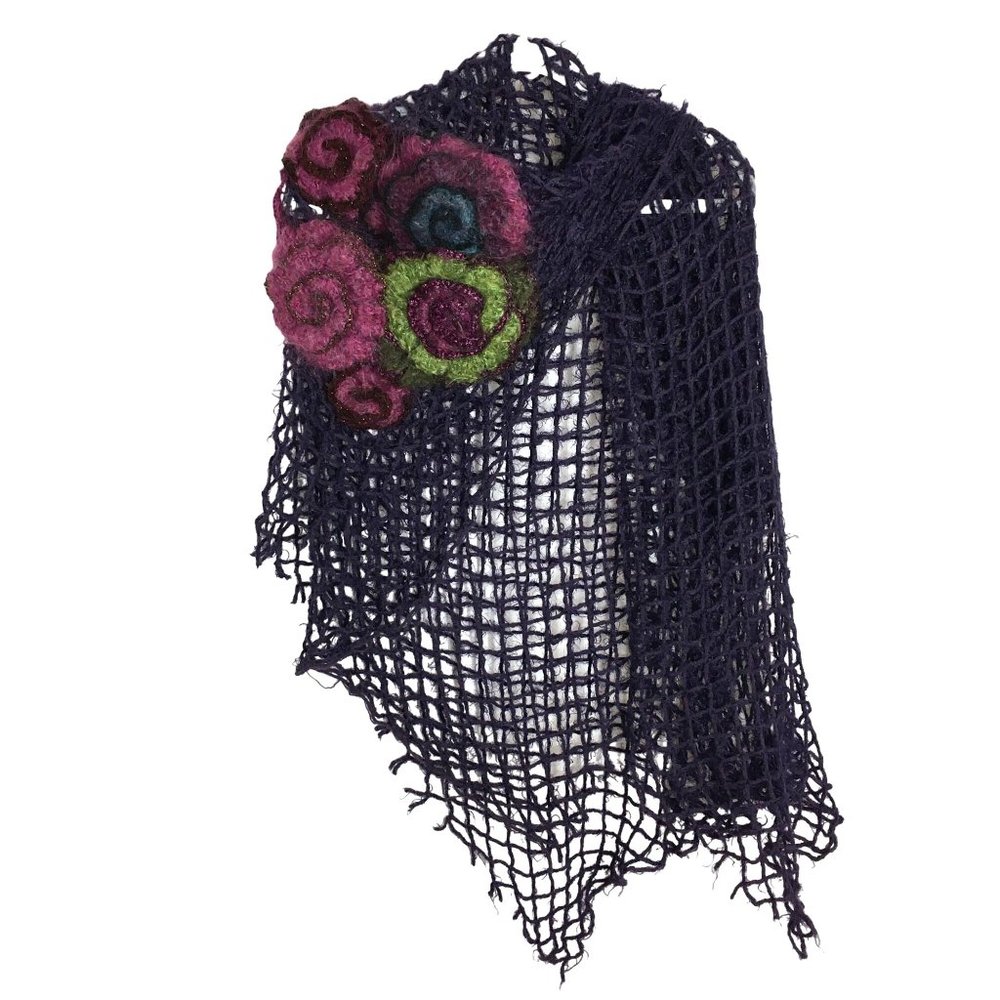 Vintage Shawl Floral Appliques Purple Pink Crochet BOHO Indie Quirky Art to Wear